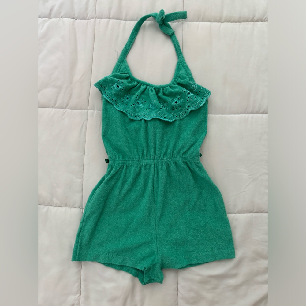 Vintage 70’s style terry cloth turquoise green color romper jumpsuit halter